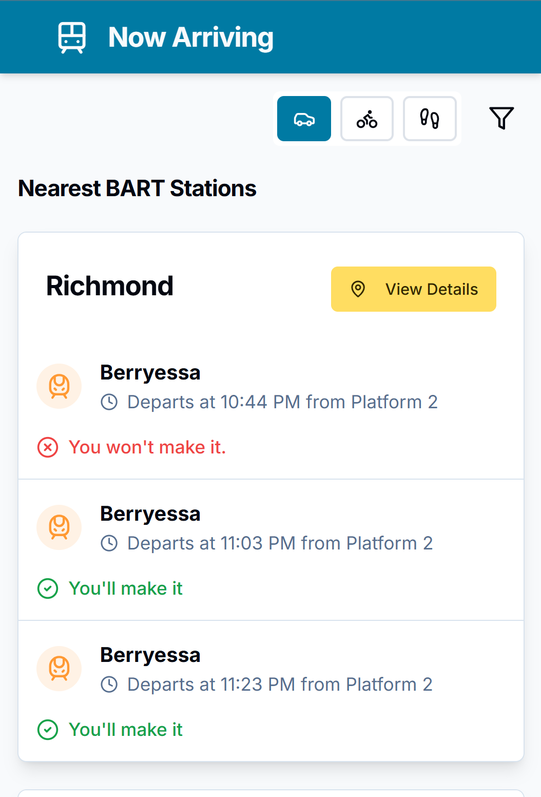NowArriving App Interface